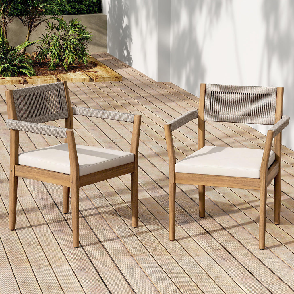 Braided Acacia Wood Outdoor Dining Chairs Set of 2