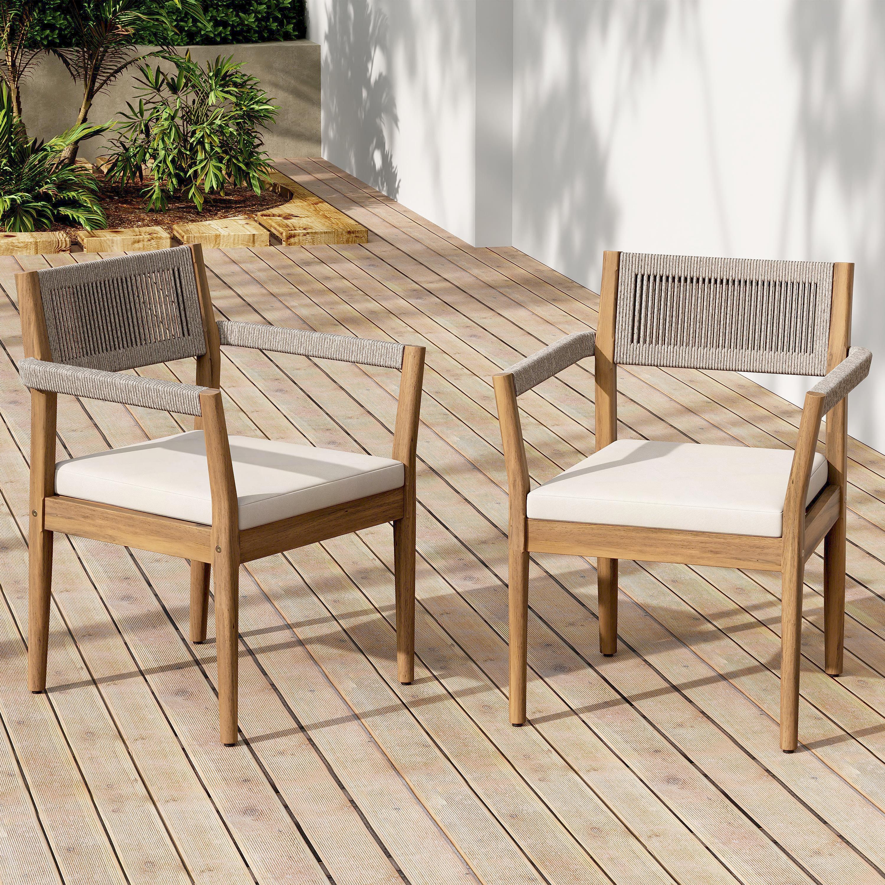 Braided Acacia Wood Outdoor Dining Chairs Set of 4