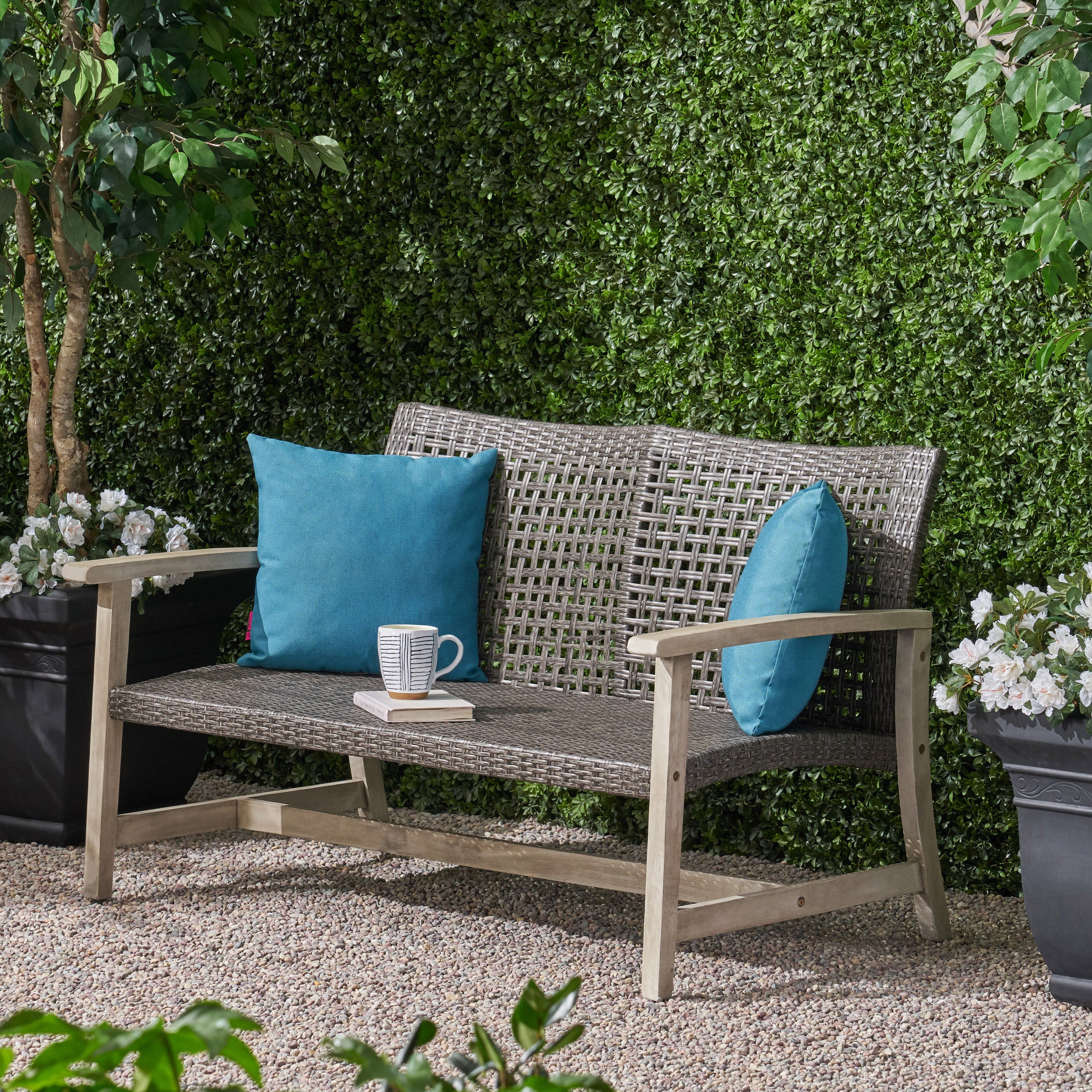 Hampton Outdoor Acacia Wood Wicker Loveseat