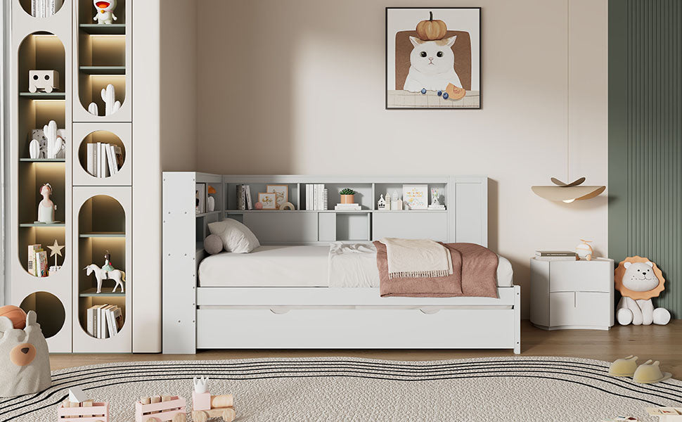 Twin Size Wood Daybed with Storage Shelves, USB and Trundle