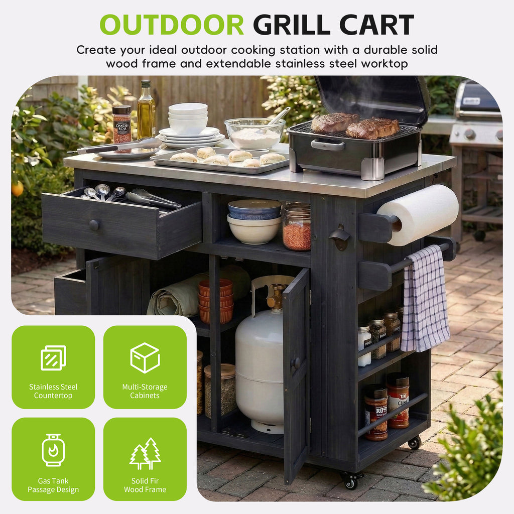 TOPMAX Outdoor Solid Wood Extendable Kitchen Island