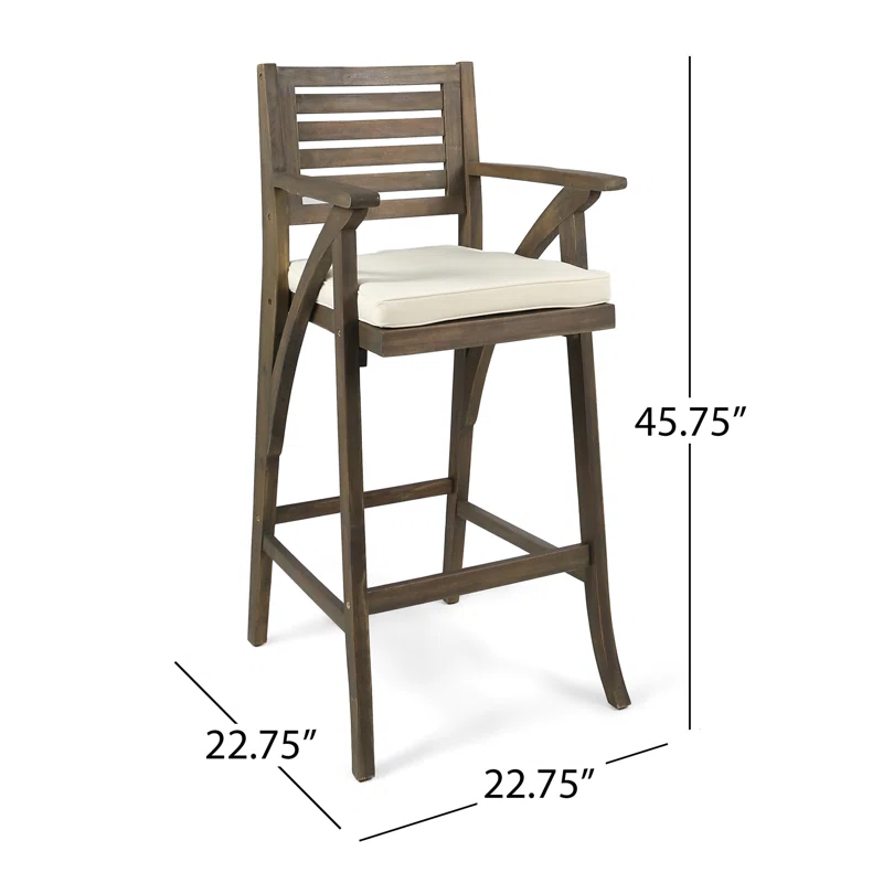 Hermosa 2-Piece Acacia Wood Barstool with Cushion, Grey
