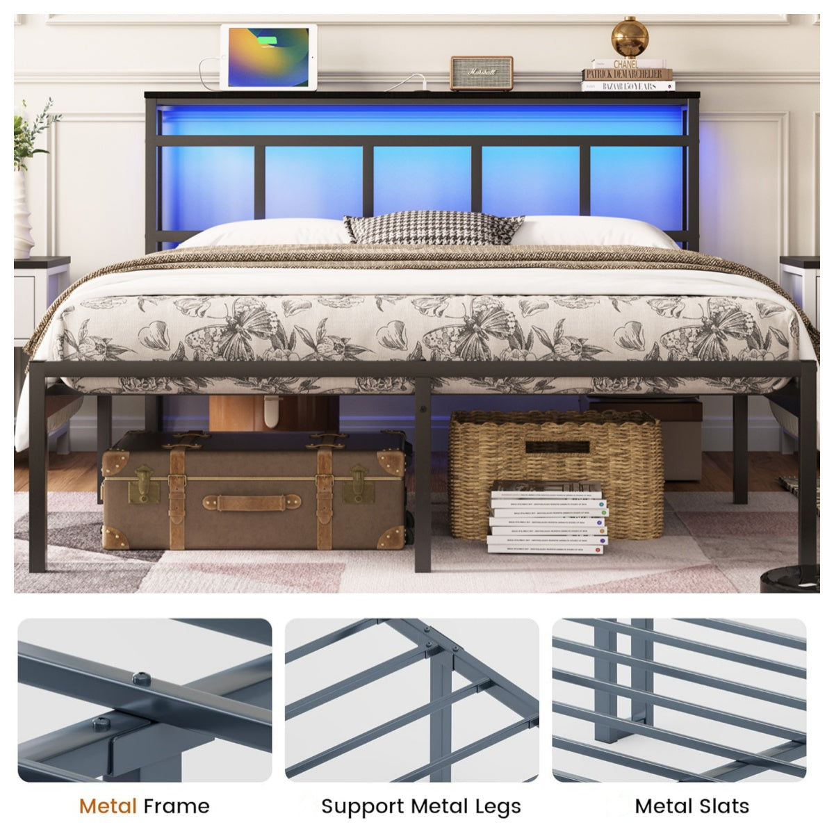 14 Inch Twin Bed Frame with Storage Headboard, Metal Platform Bed Frame with USB-C,Type-C and LED Light