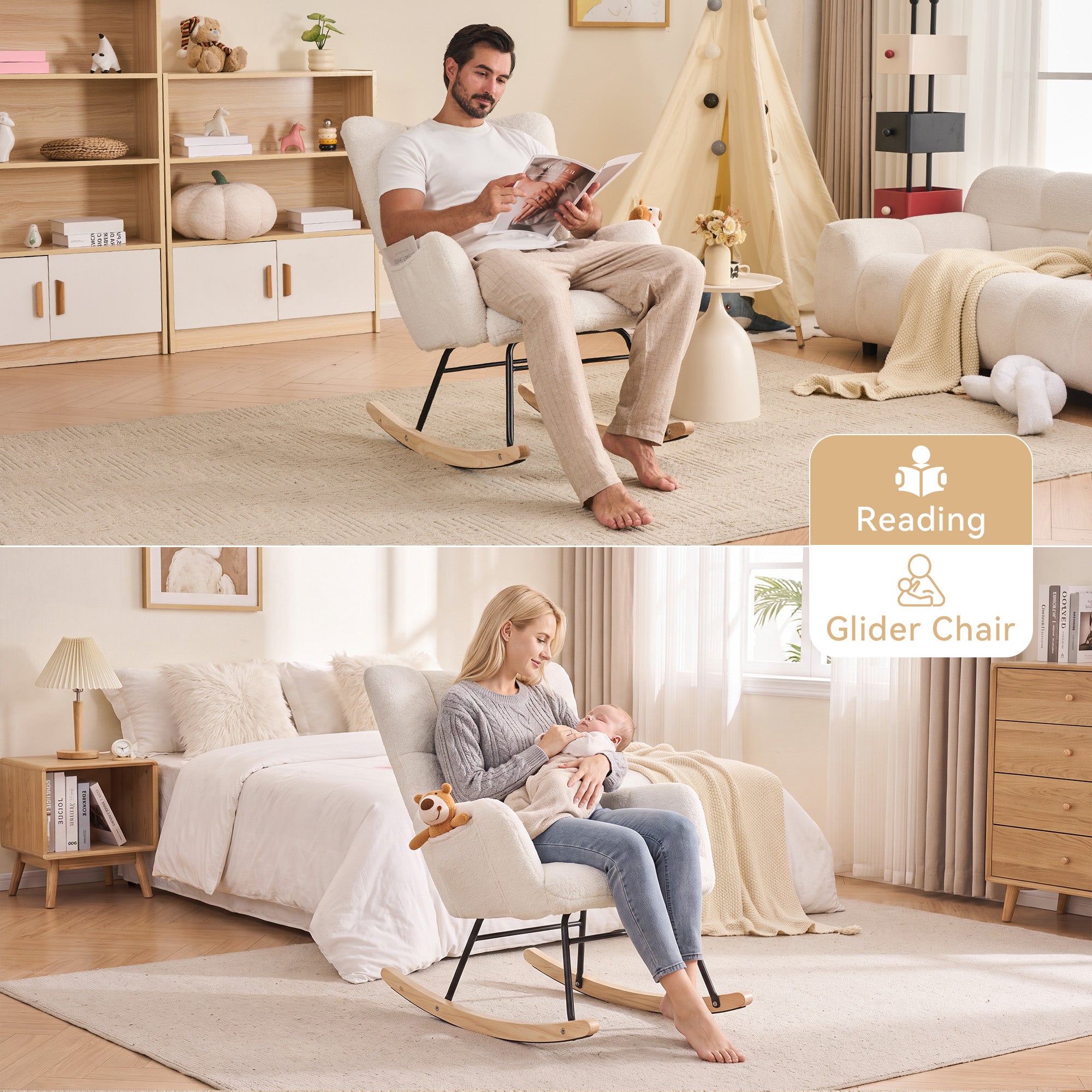 Teddy Fabric Leisure Rocking Chair with Tufted Backrest
