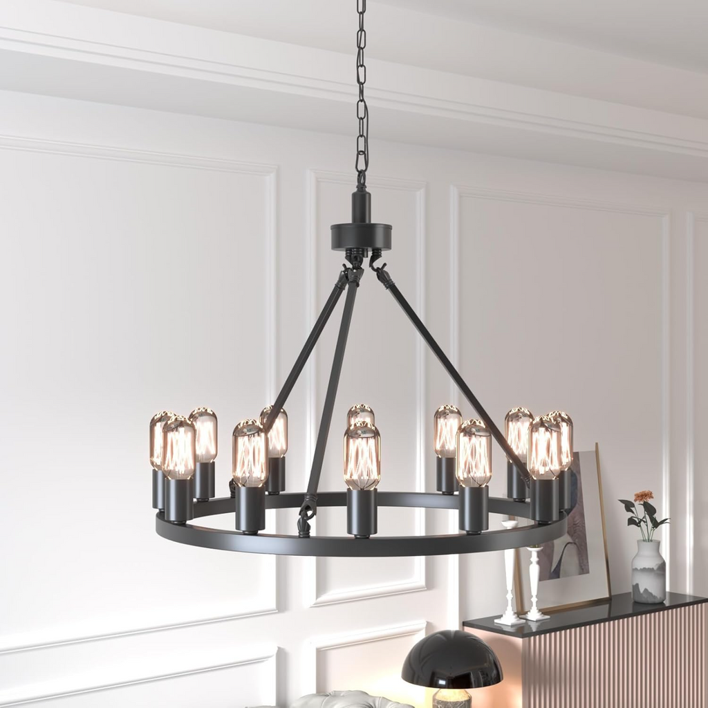 Wagon Wheel Chandelier, 24.2-Inch, 12-Light, Black Metal