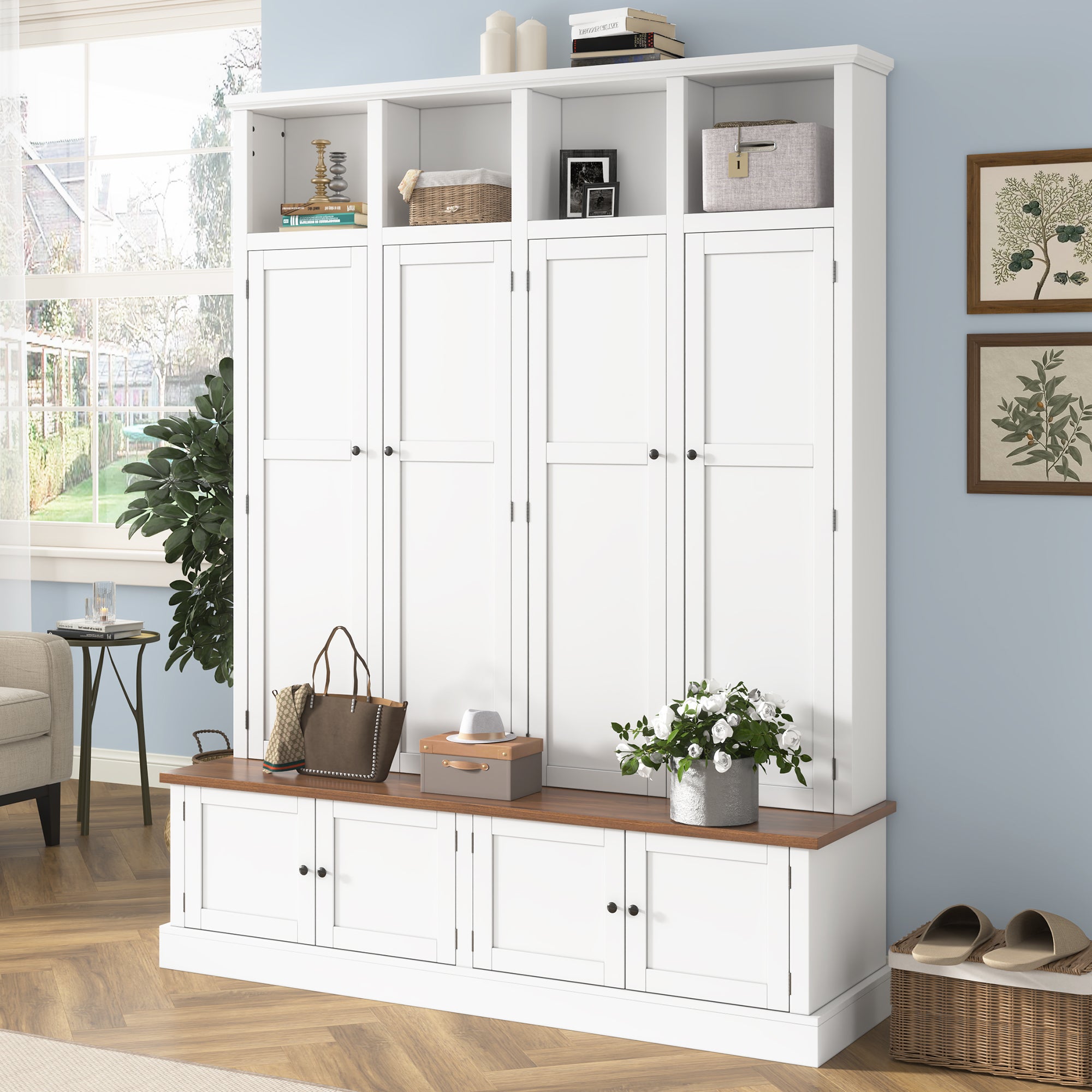 Vibe Haus 76.7''H Farmhouse Hall Tree with Bench and Cabinet
