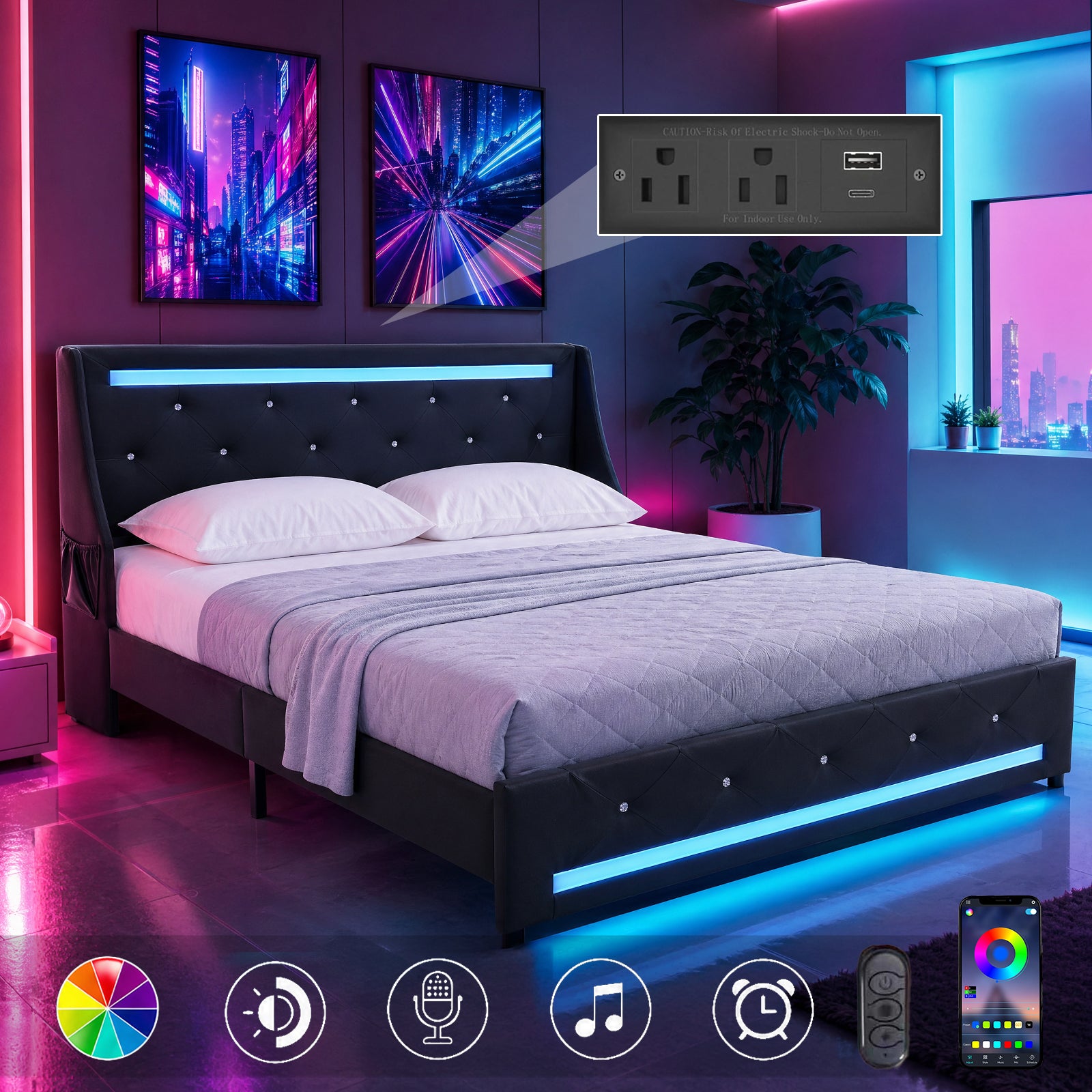 Full Size Bed Frame with LED Lights & Charging Station