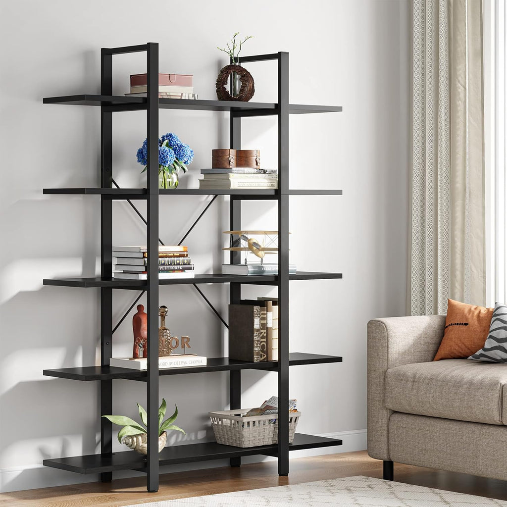 70.07" Height 5-Tier Vintage Industrial Black Bookshelf