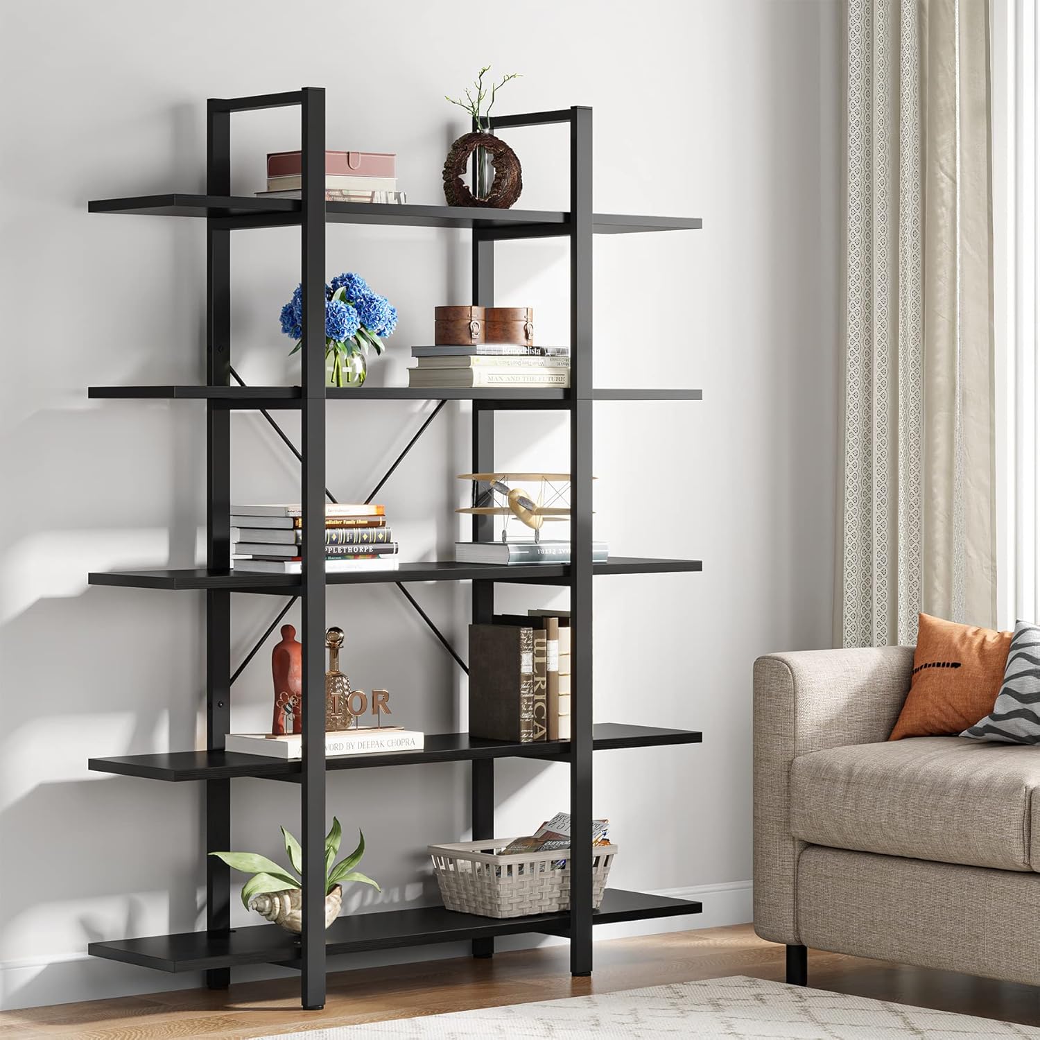 70.07" Height 5-Tier Vintage Industrial Black Bookshelf