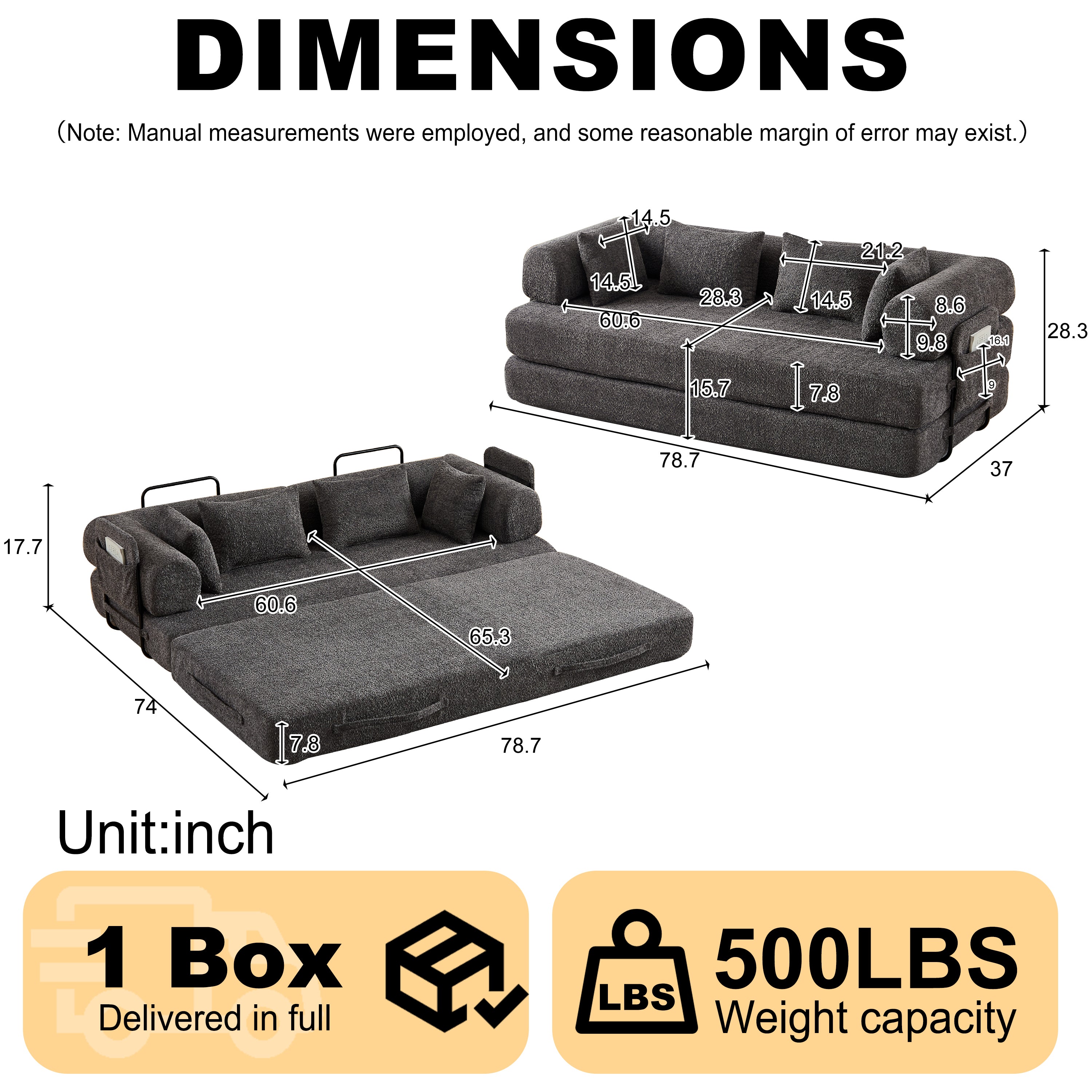 78.7-Inch Convertible Sleeper Sofa Bed with Cylindrical Pillow