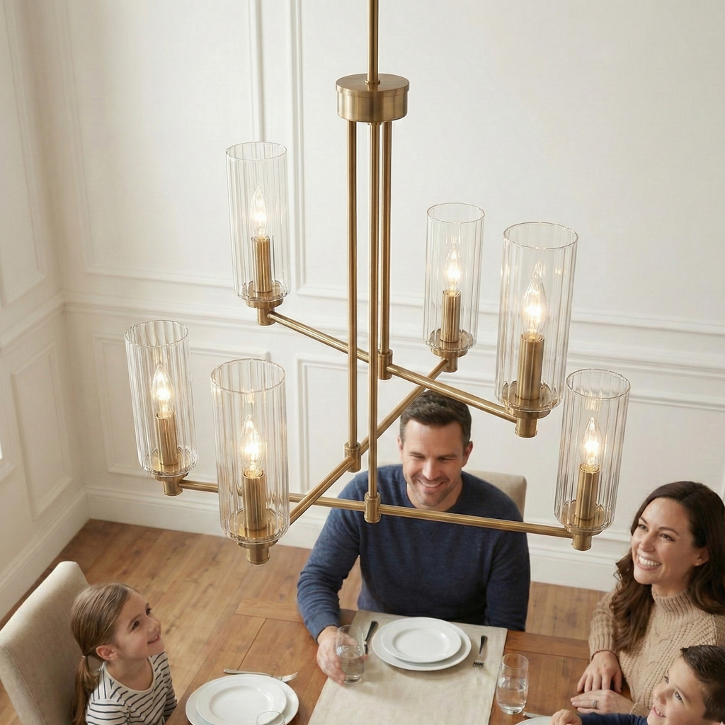 Timeless Six Lights Chandelier With Clear Ribbed Glass - Satin
