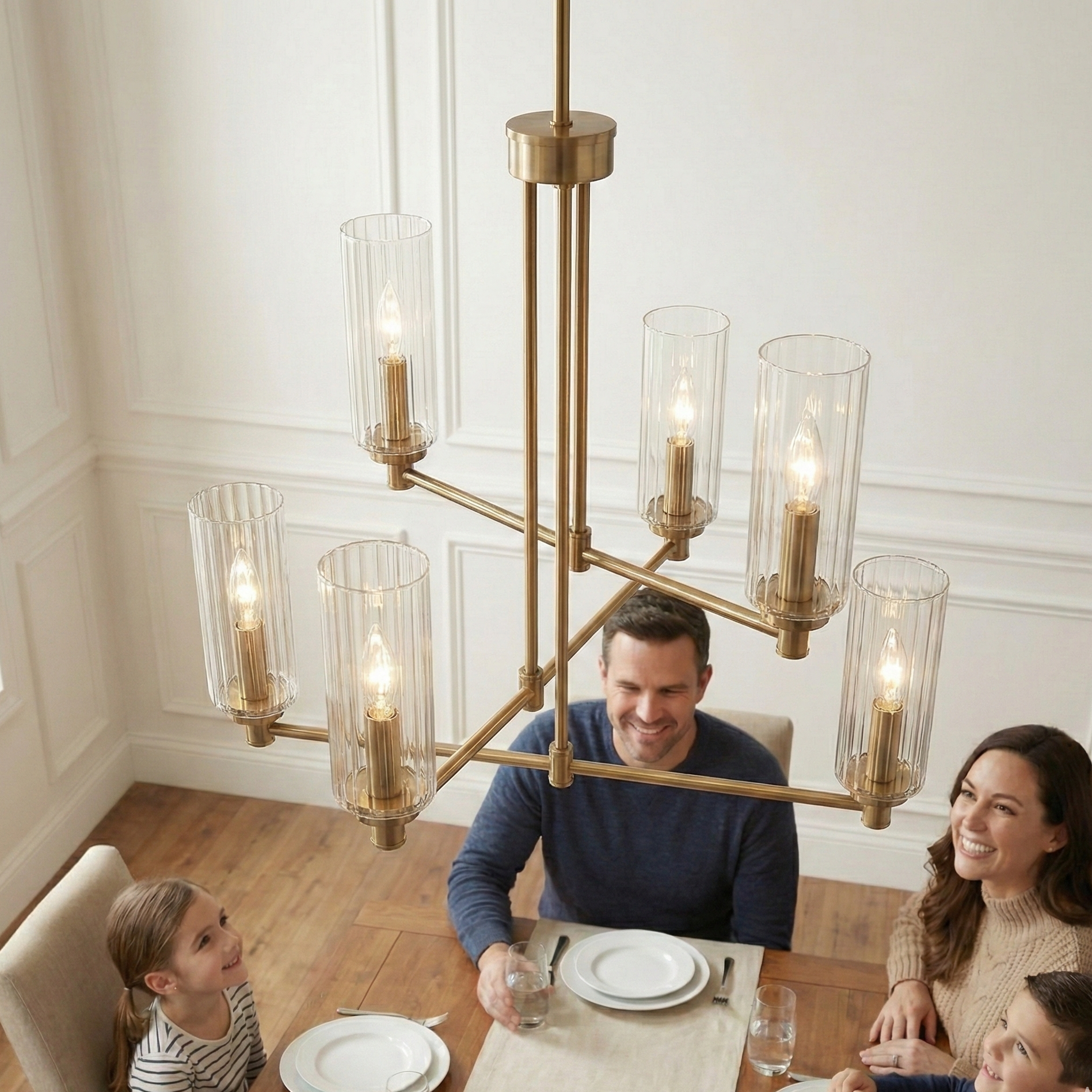 Timeless Six Lights Chandelier With Clear Ribbed Glass - Satin