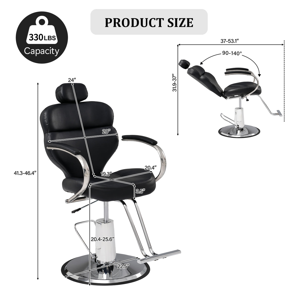 Premium Reclining Barber Chair, Black PU Leather, 330 Lb Capacity