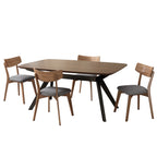 5-Piece Upholstered Dining Set With Rubberwood Frame, Grey+Walnut+Black