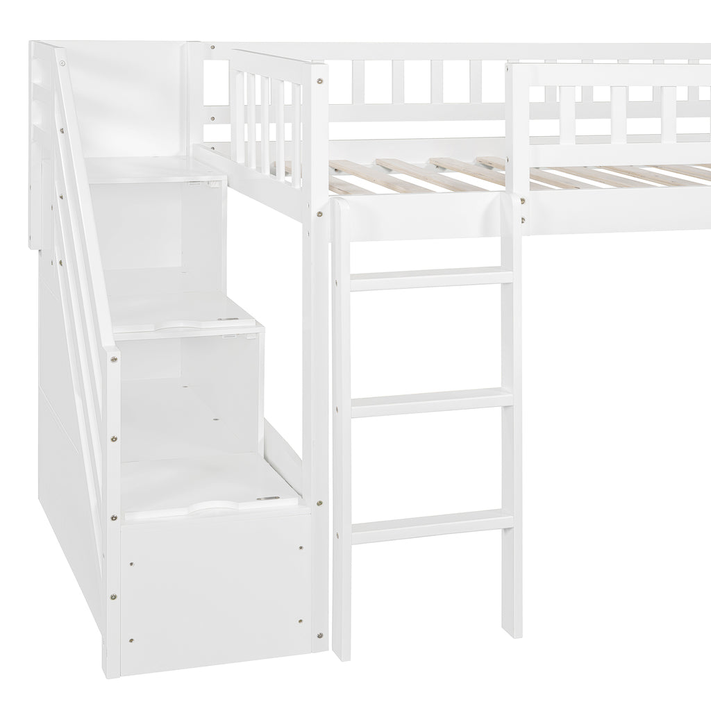 Stairway Twin Size Loft Bed with Two Drawers and Slide, White