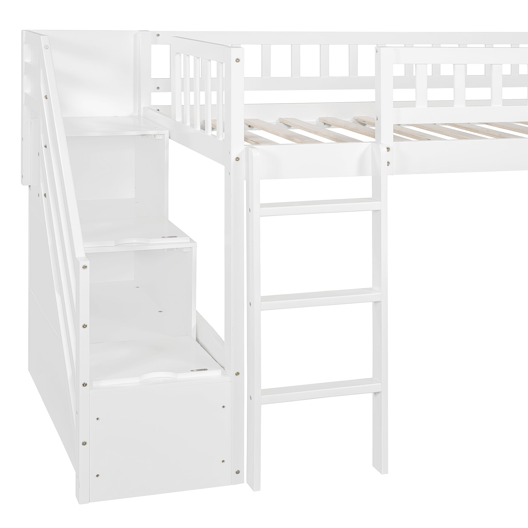 Stairway Twin Size Loft Bed with Two Drawers and Slide, White