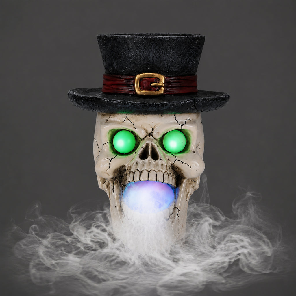 LED Light-Up Skull with Top Hat & Mist Maker Halloween Decoration