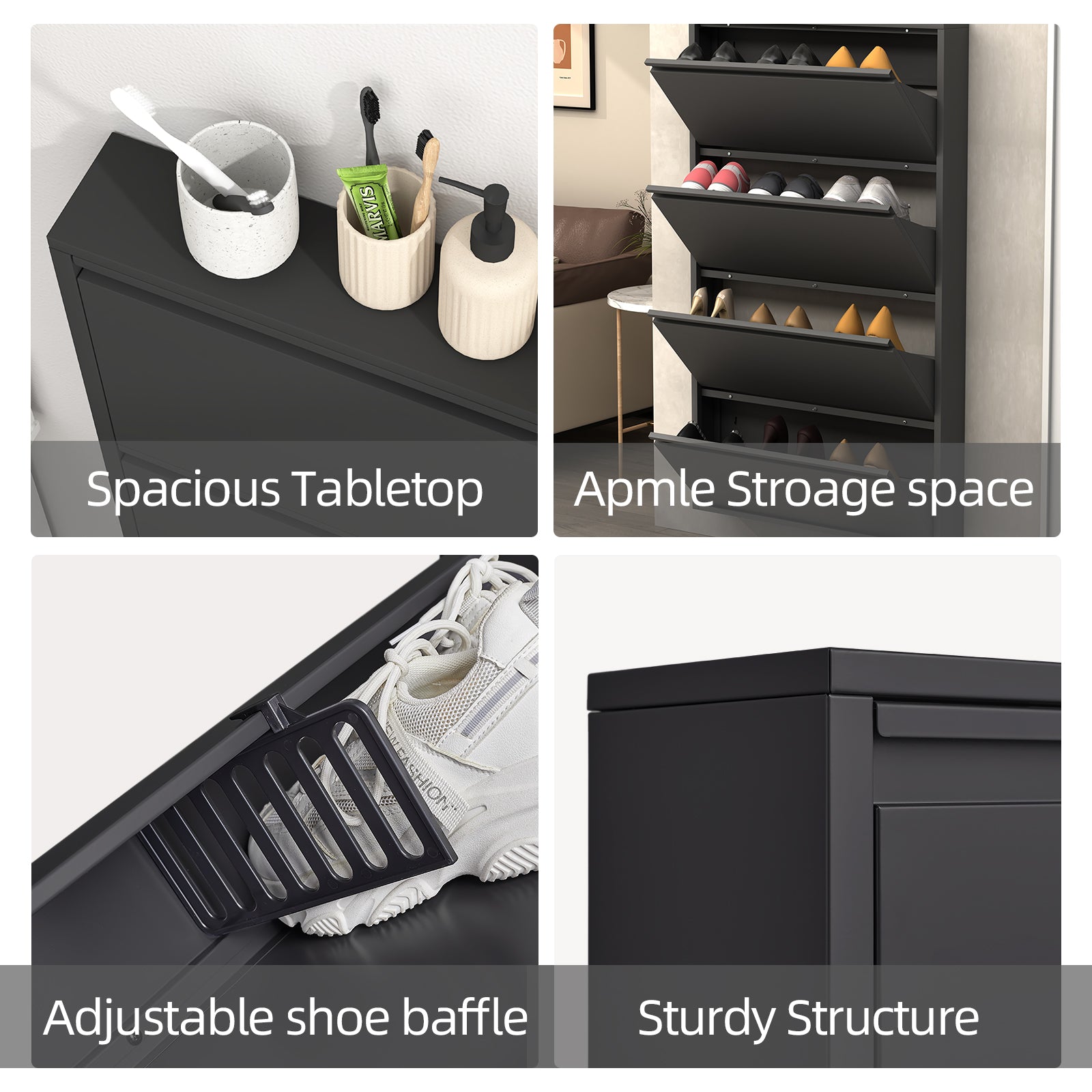 Metal Shoe Cabinet with 4 Flip Drawers