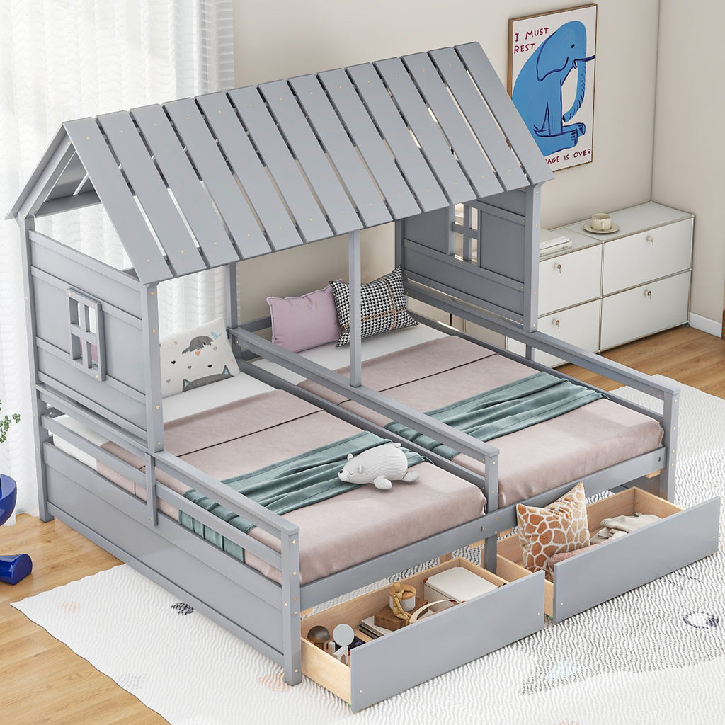 Twin Size House Platform Beds with Storage Drawers