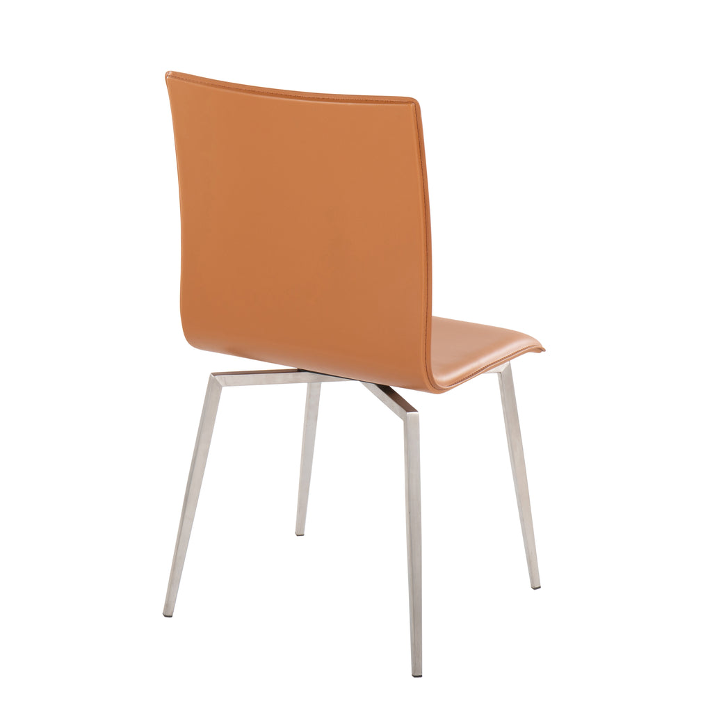 Contemporary Upholstered Chair in Brushed Stainless Steel and Camel Faux Leather - Set of 2