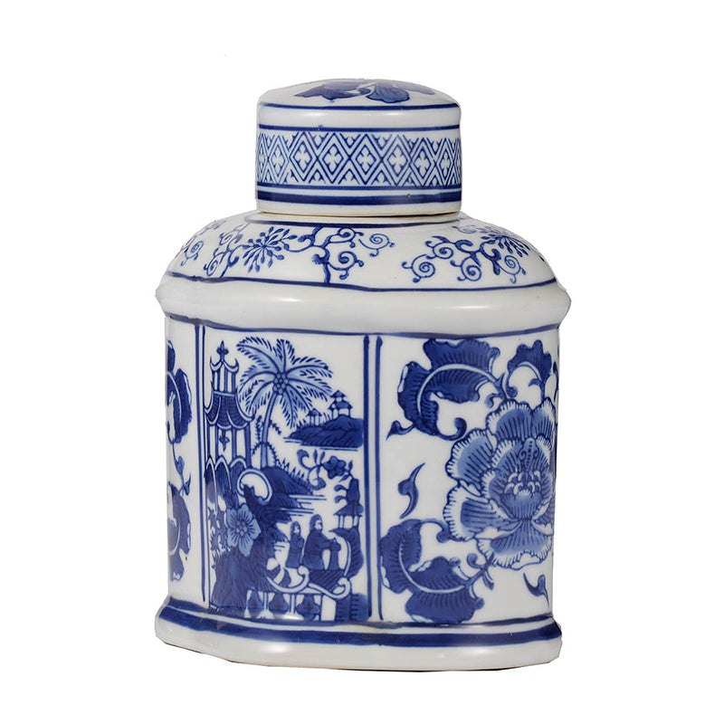 Ren Blue and White Porcelain Oval Jar with Lid, 6.2-Inch
