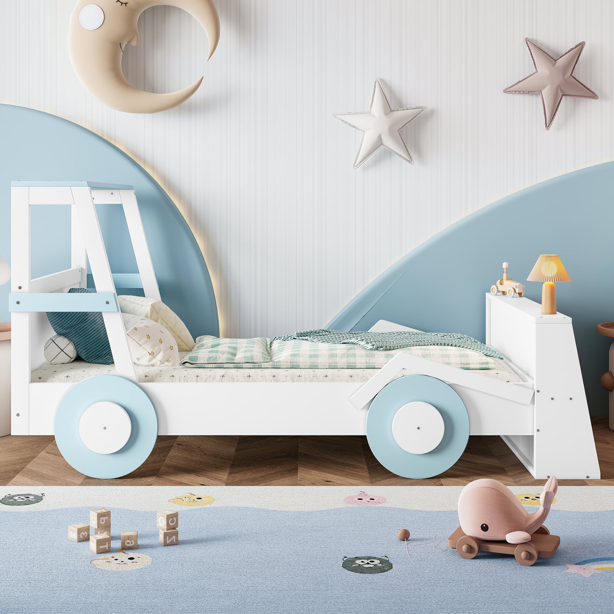 Twin Size Car Bed with Storage Shelves, Kids Platform Bed