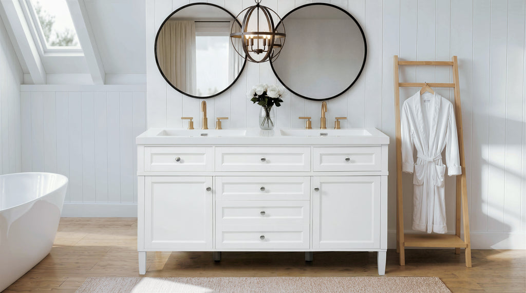 [Video] 59.1" Modern Bathroom Vanity with Resin Sink, Cabinet with 3 Drawers and 2 Doors, Adjustable Shelf, Door-Mounted Storage Rack, Soft-Close Mechanism, Freestanding