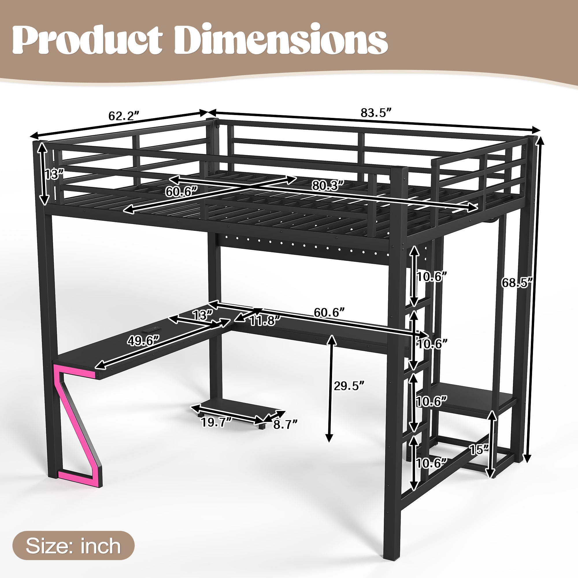 Queen Loft Bed with L-shaped Desk and USB Ports
