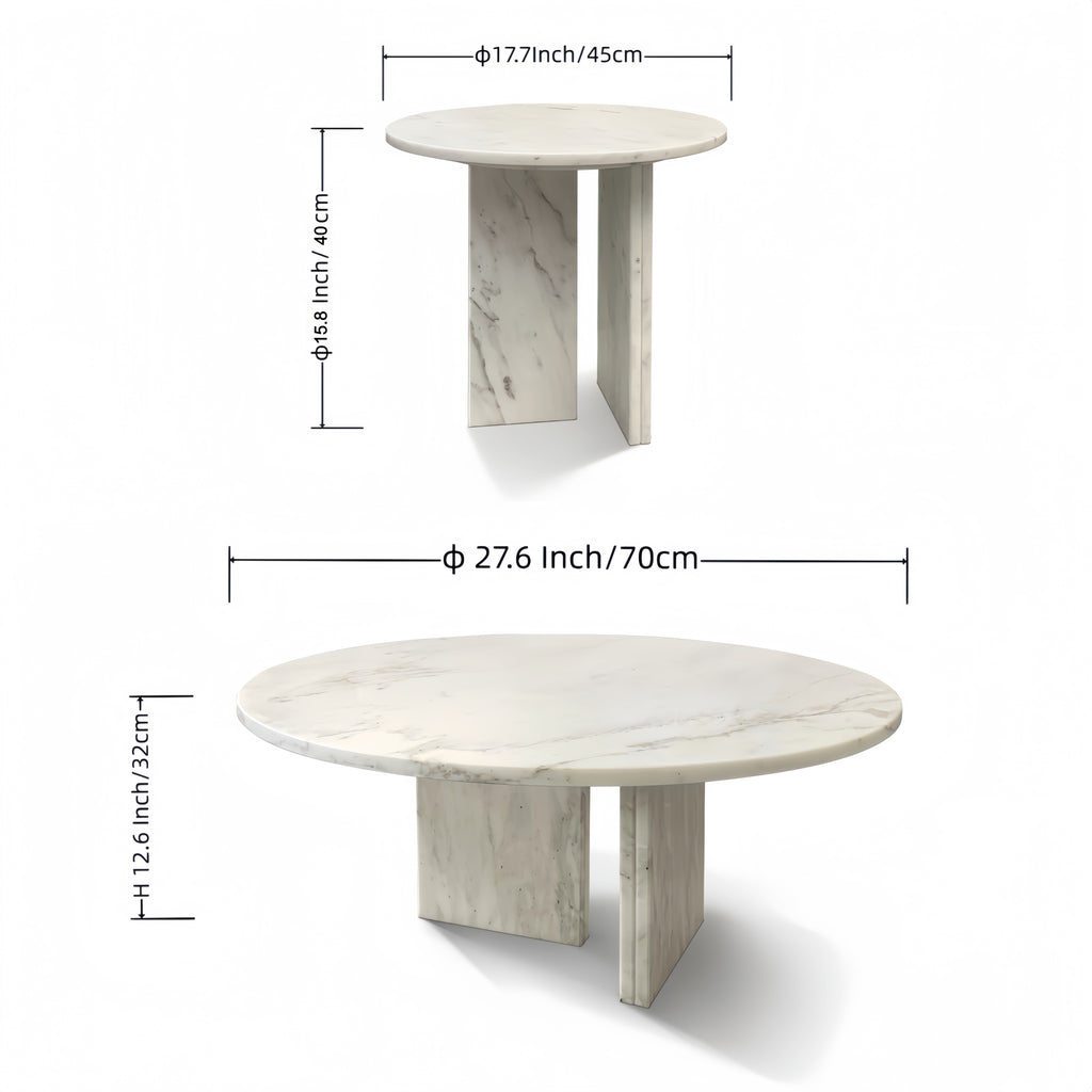 White Semi-Polished Marble Round Nesting Table Set of 2
