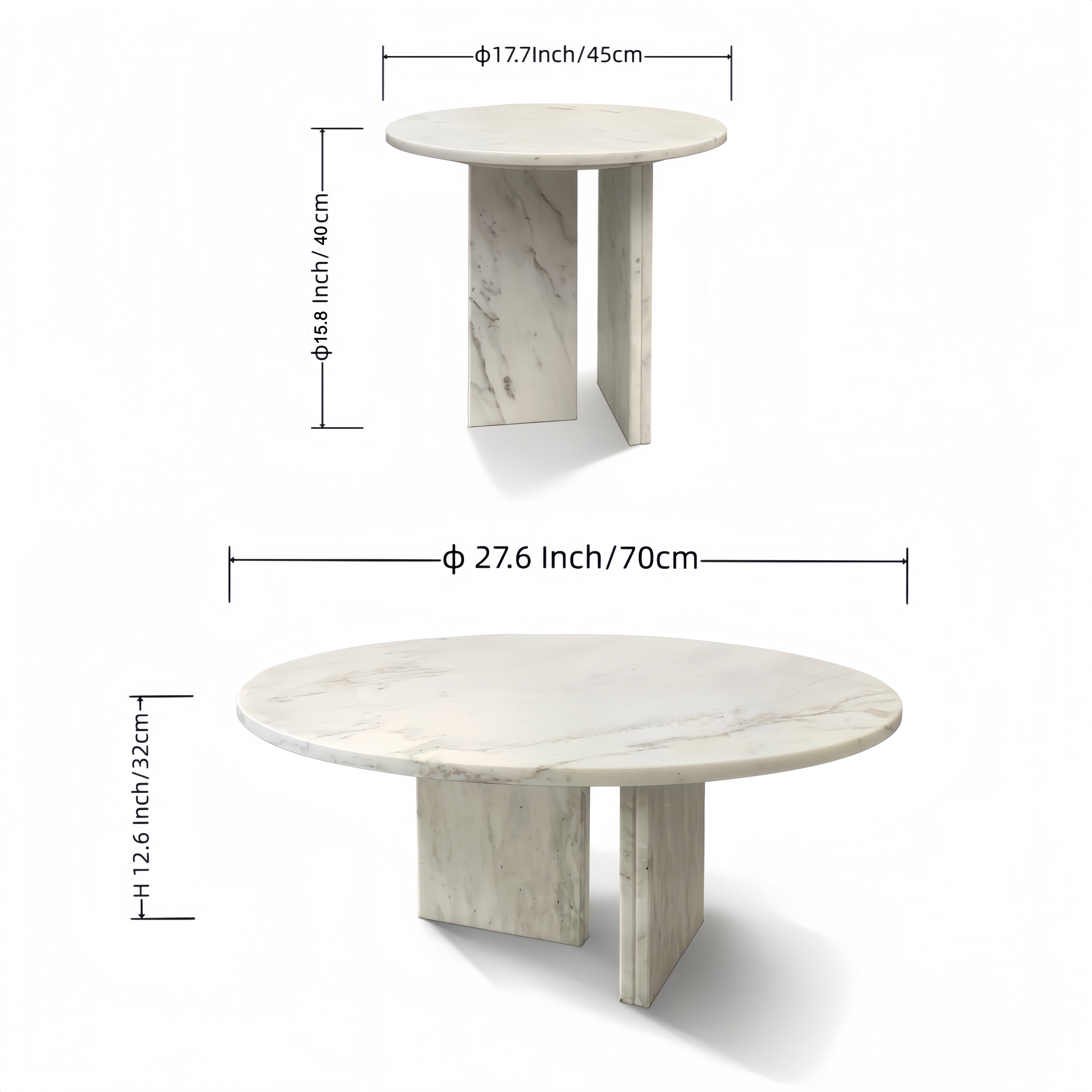 White Semi-Polished Marble Round Nesting Table Set of 2
