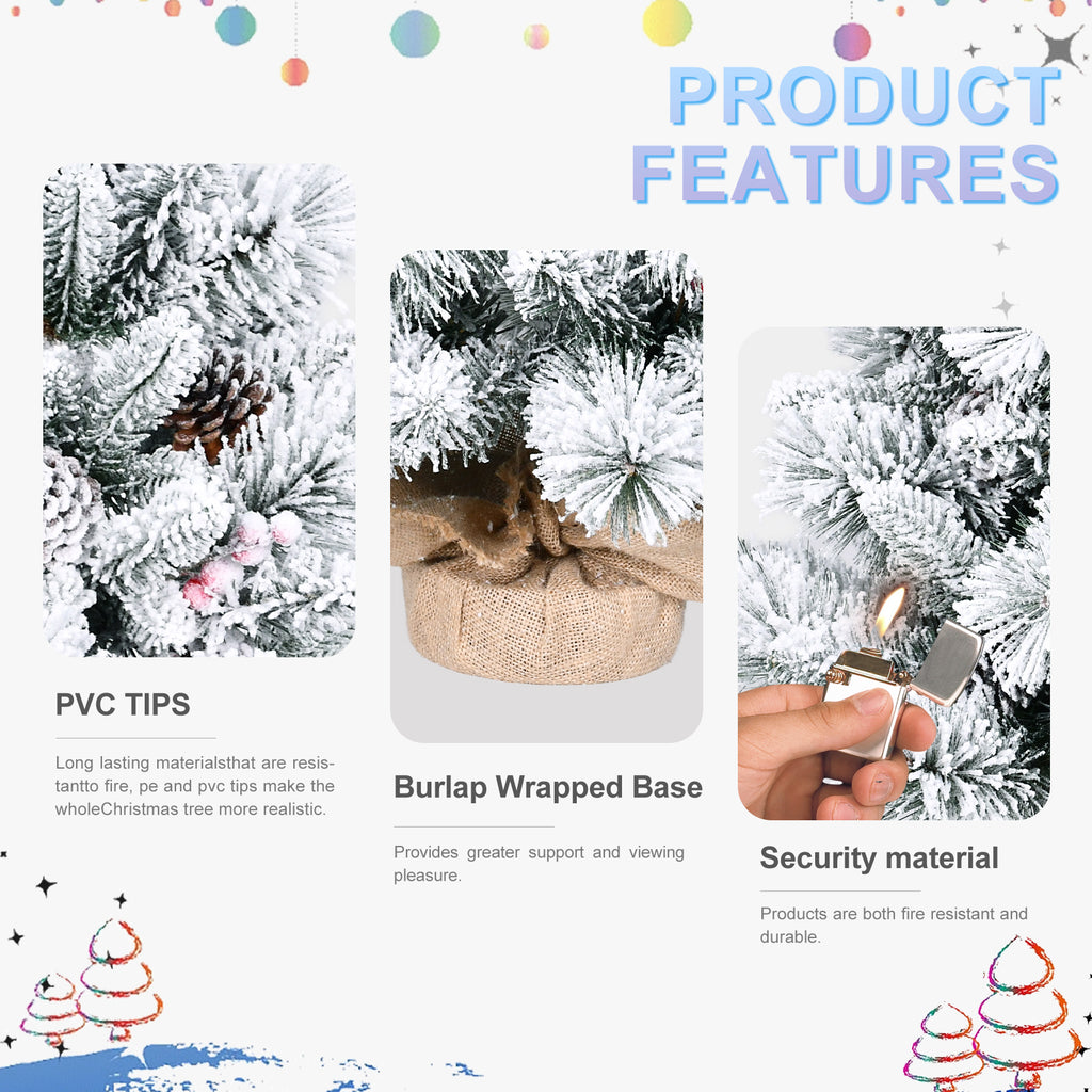 3FT Flocked Christmas Tree with Pine Cones & Berries