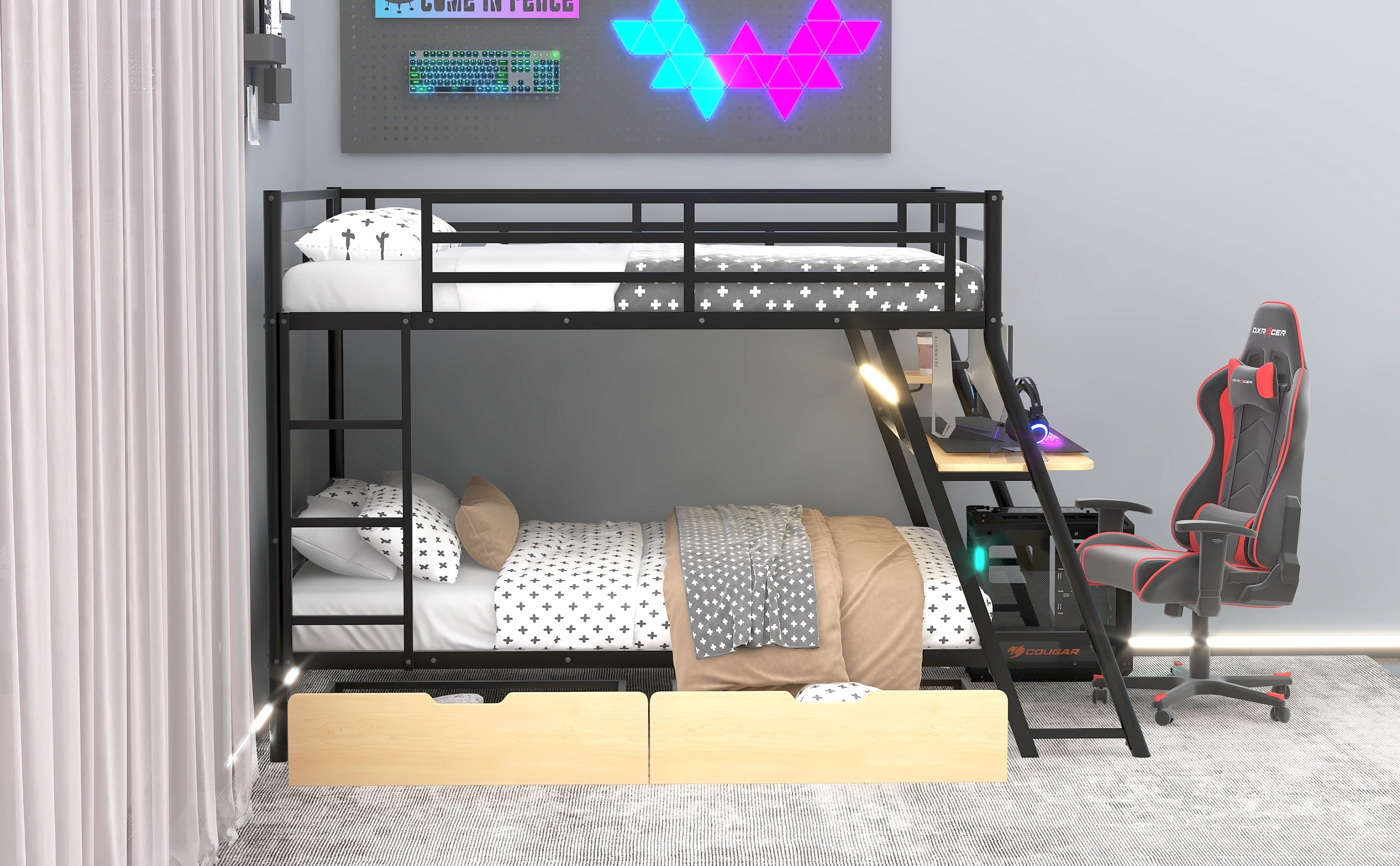 Full Size Metal Bunk Bed with Built-in Desk, Light and 2 Drawers