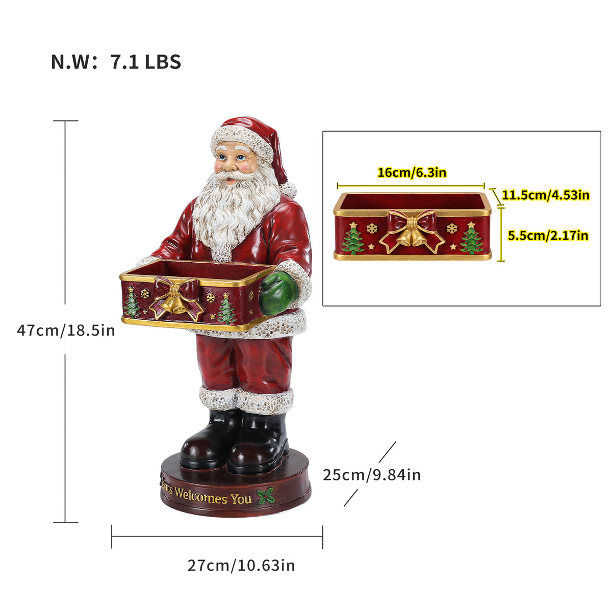 Christmas Santa Claus Statue with Storage Tray, Red and White