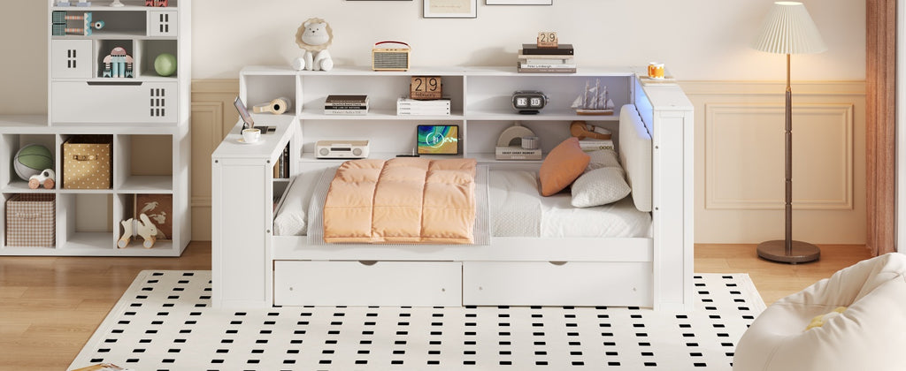 Wood Twin Size Platform Bed with Storage Shelves, Drawers, and LED
