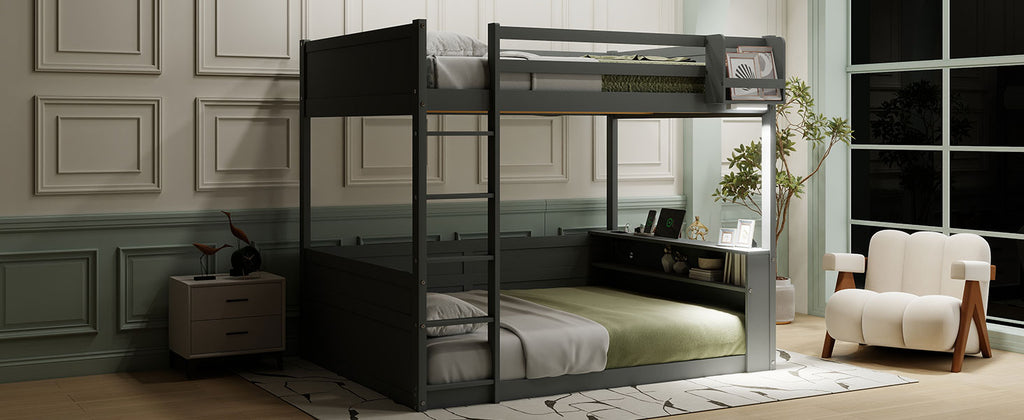 Queen Size Wooden Bunk Bed with Built-in Shelves and Storage