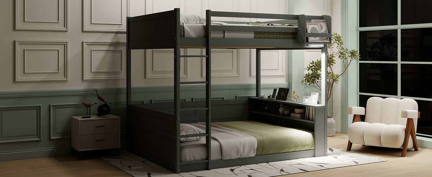 Queen Size Wooden Bunk Bed with Built-in Shelves and Storage