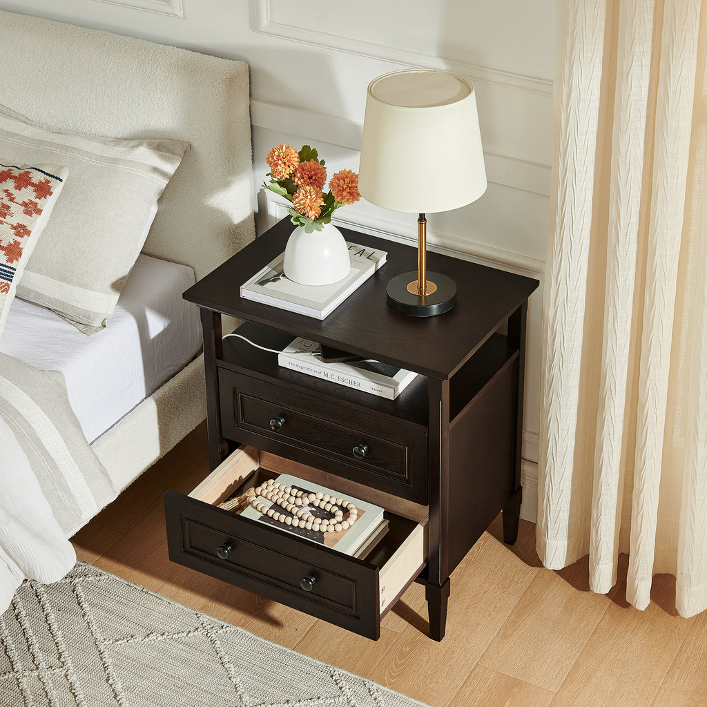 Wooden Bedside Nightstand with Open Cubby & 2 Storage Drawers, Freestanding Bedroom Side Cabinet for Bedside & Living Room Use