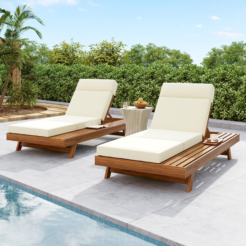 Lounge Chaise Set With Headrest - Acacia Wood & Water-Resistant Cushions