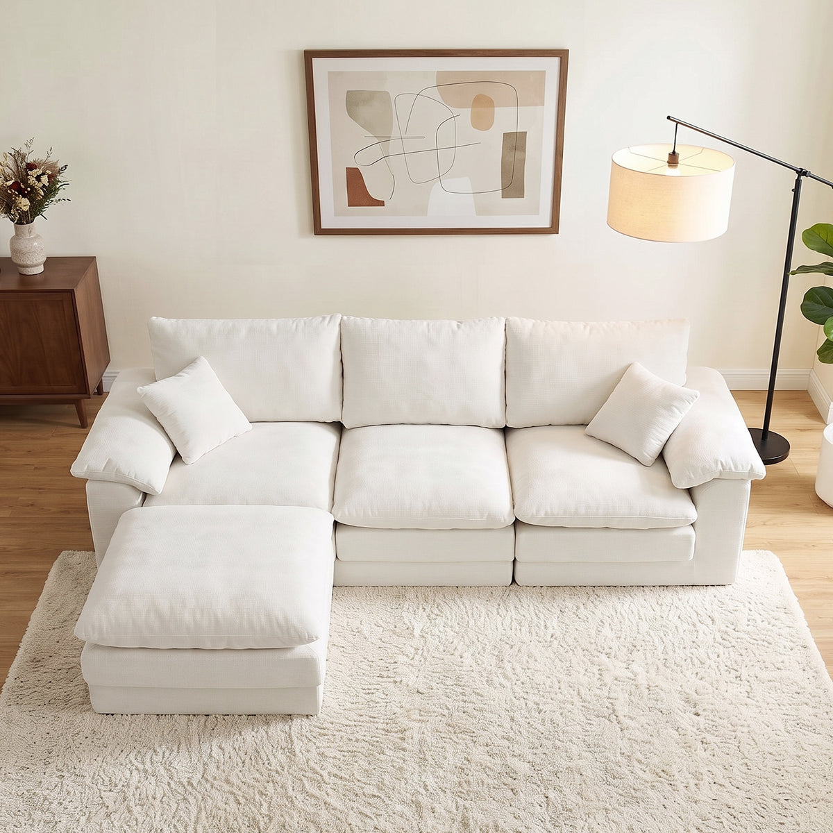 Modular L-Shaped Sectional Sofa with Movable Ottoman, Beige Chenille