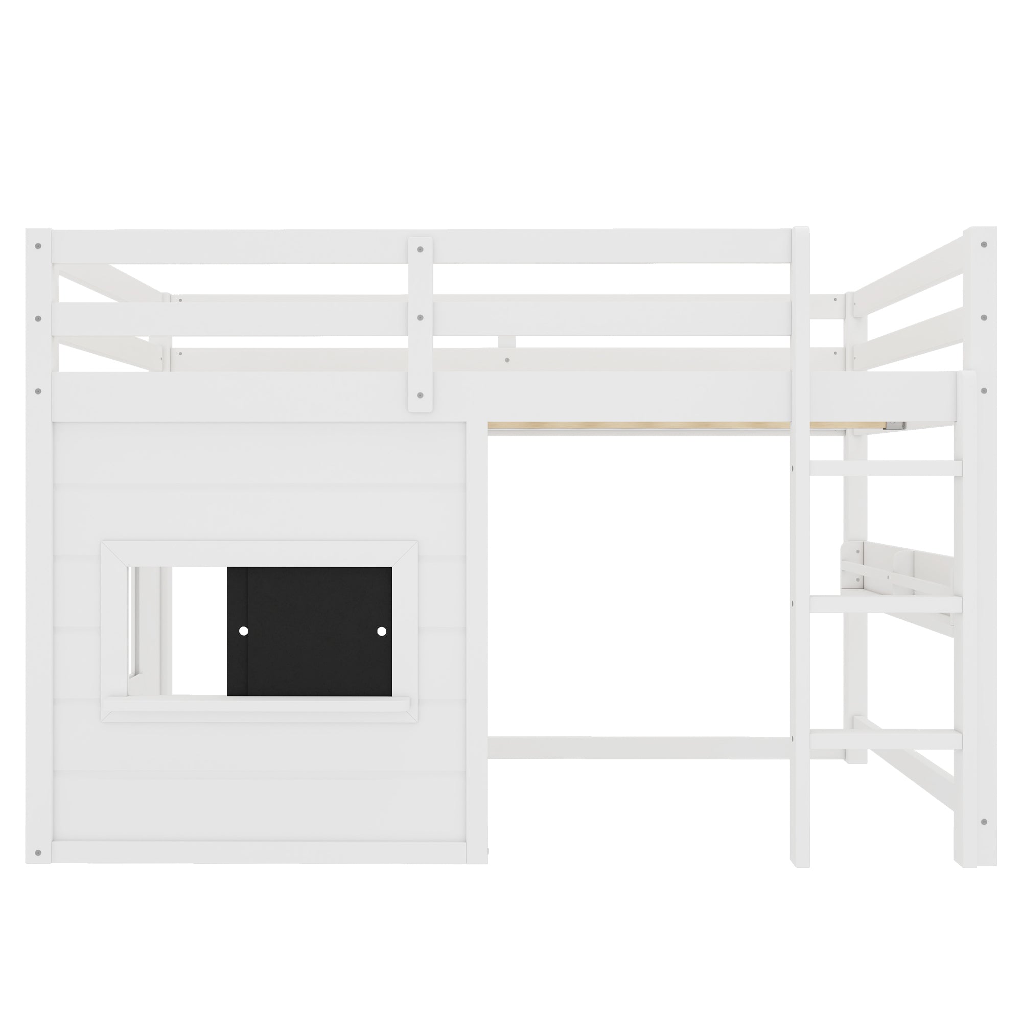 Full Size Loft Bed with Playful Sliding Chalkboard and Bookshelf
