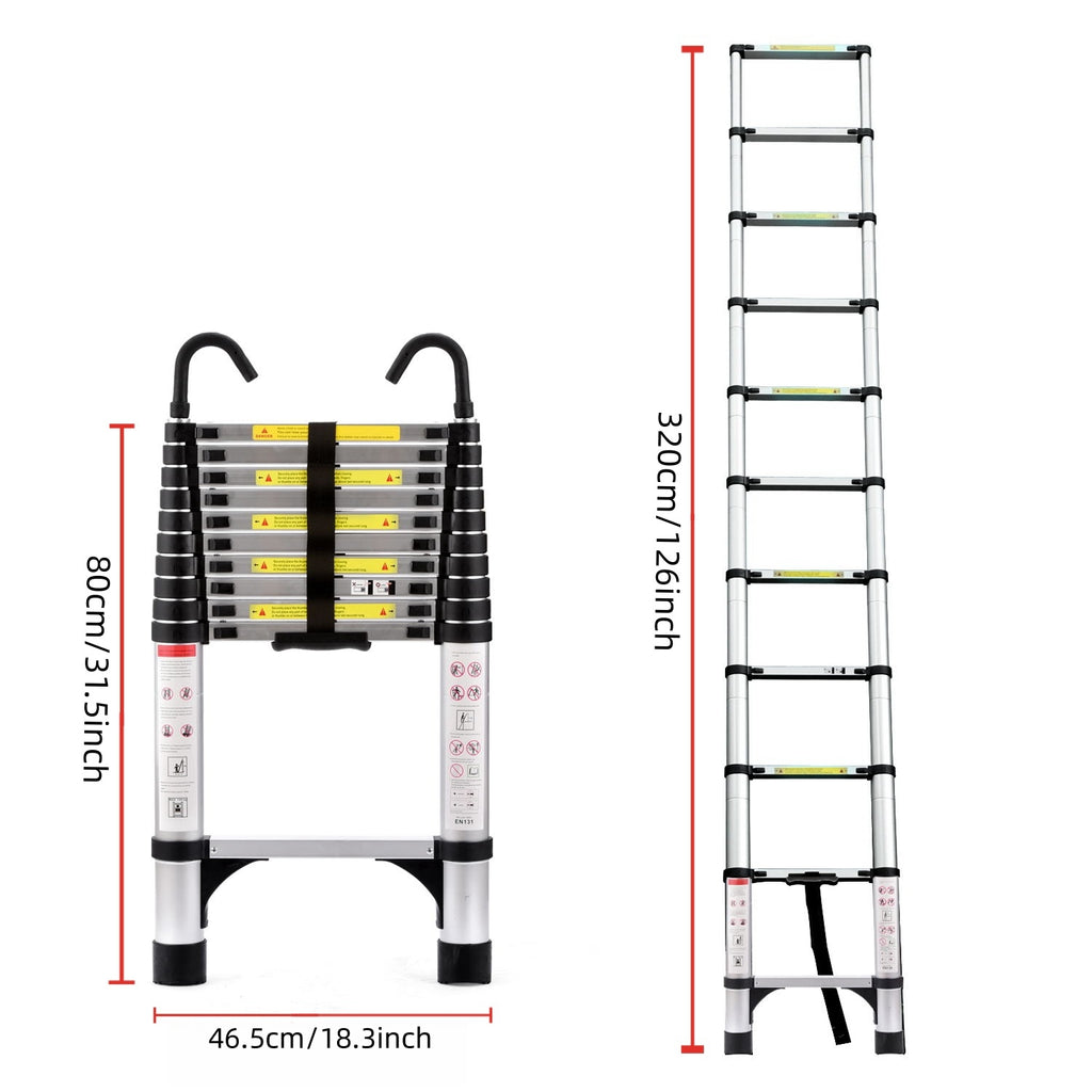 10.5-Foot Retractable Aluminum Ladder with Safety Locks and Hooks, Antique Silver