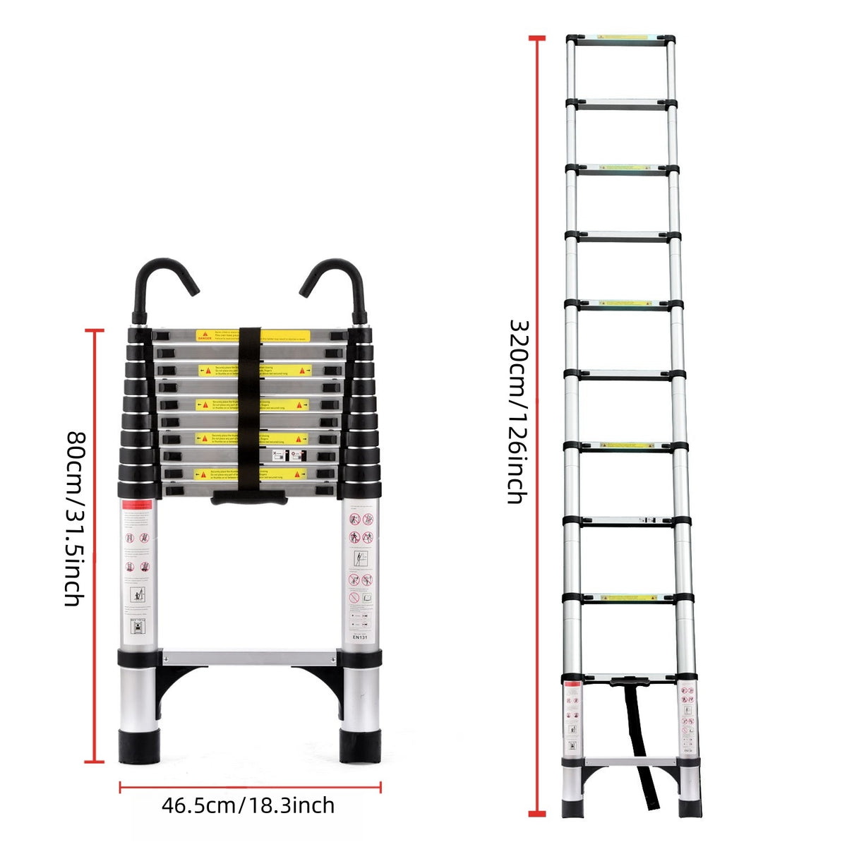 10.5-Foot Retractable Aluminum Ladder with Safety Locks and Hooks, Antique Silver