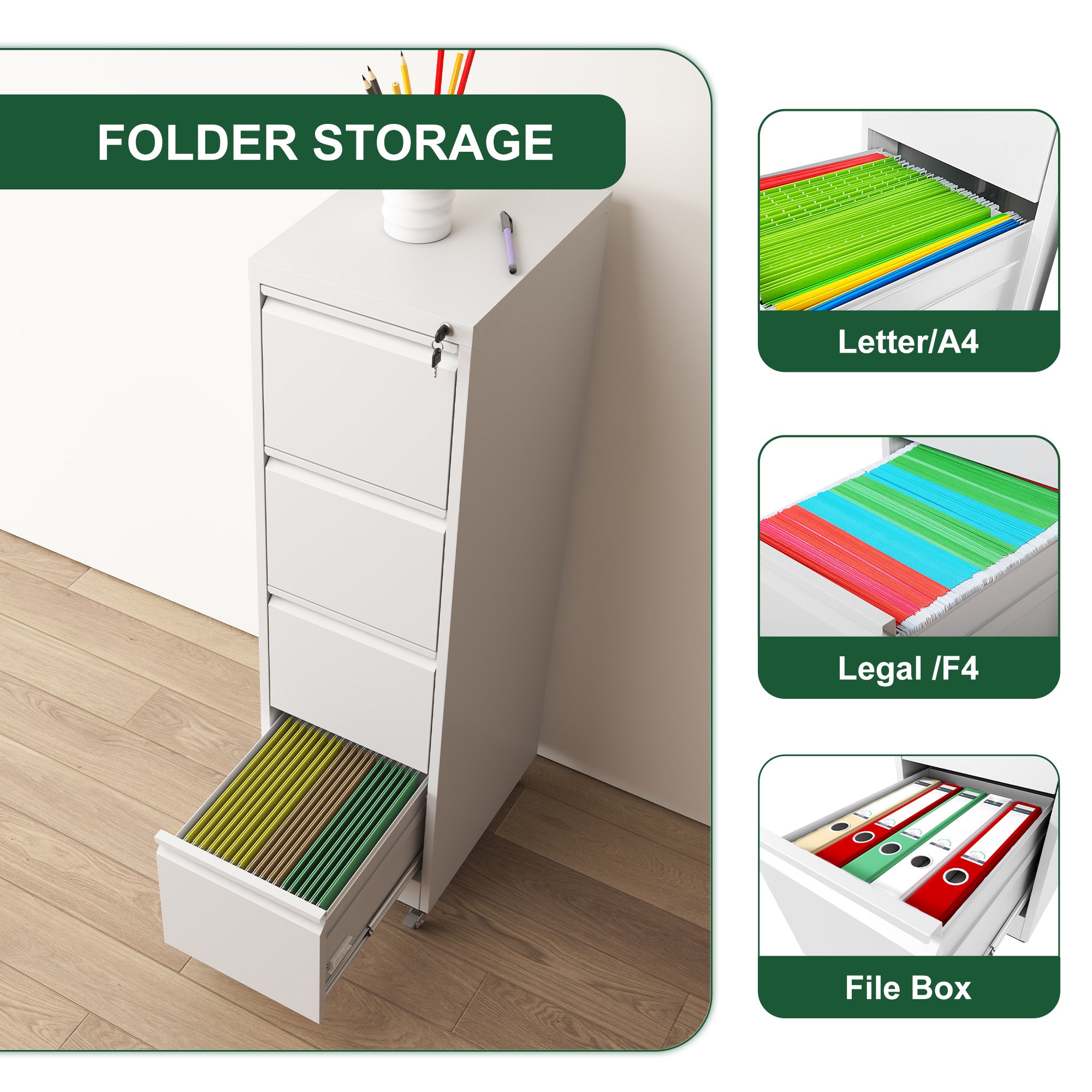 4 Drawer Metal Locking Vertical File Cabinet on Wheels