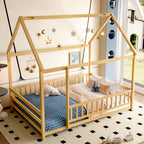 Full Size Floor Wooden Bed with House Roof Frame, Fence Guardrails