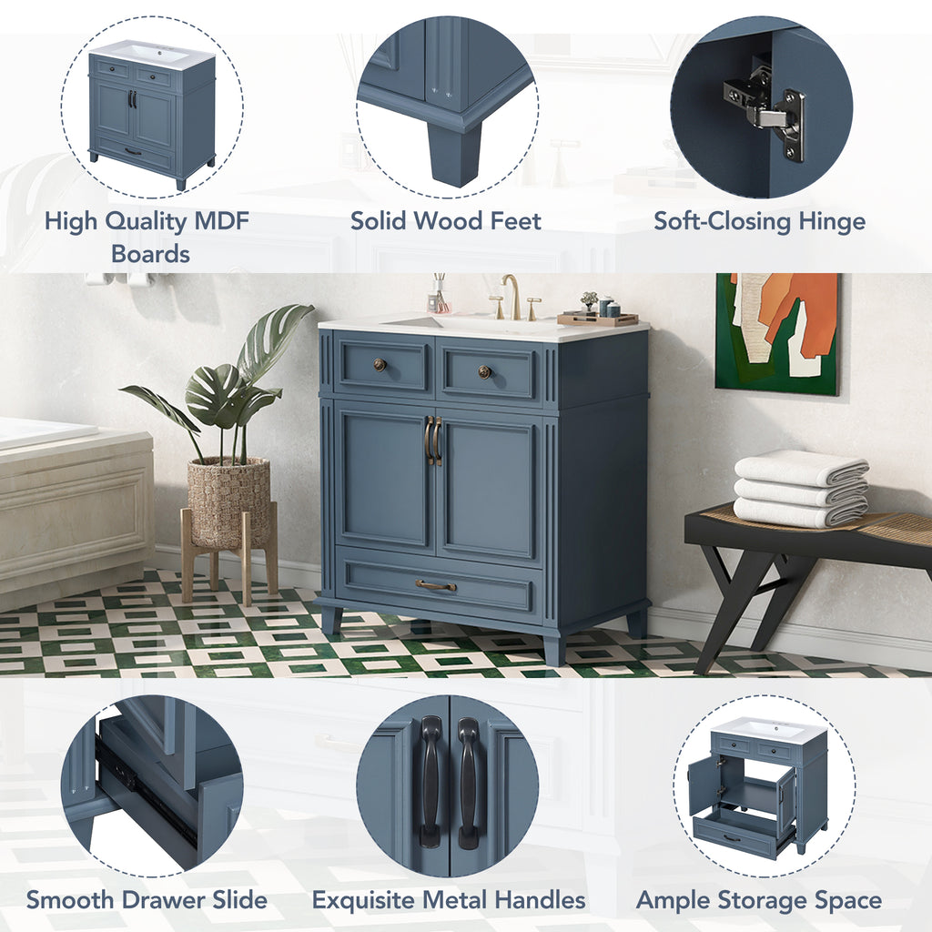 30'' Bathroom Vanity with Ceramic Sink and Soft Closing Doors