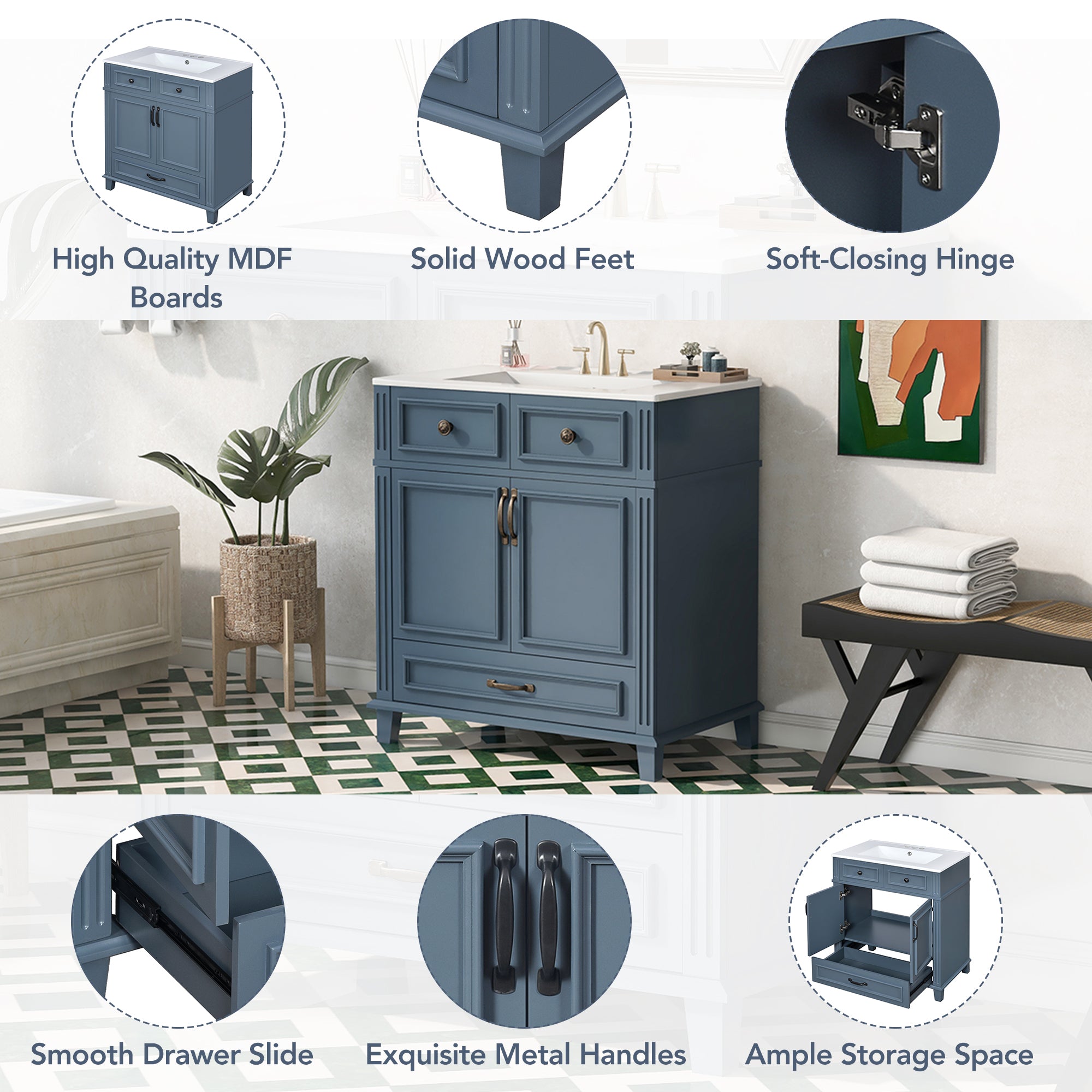 30'' Bathroom Vanity with Ceramic Sink and Soft Closing Doors