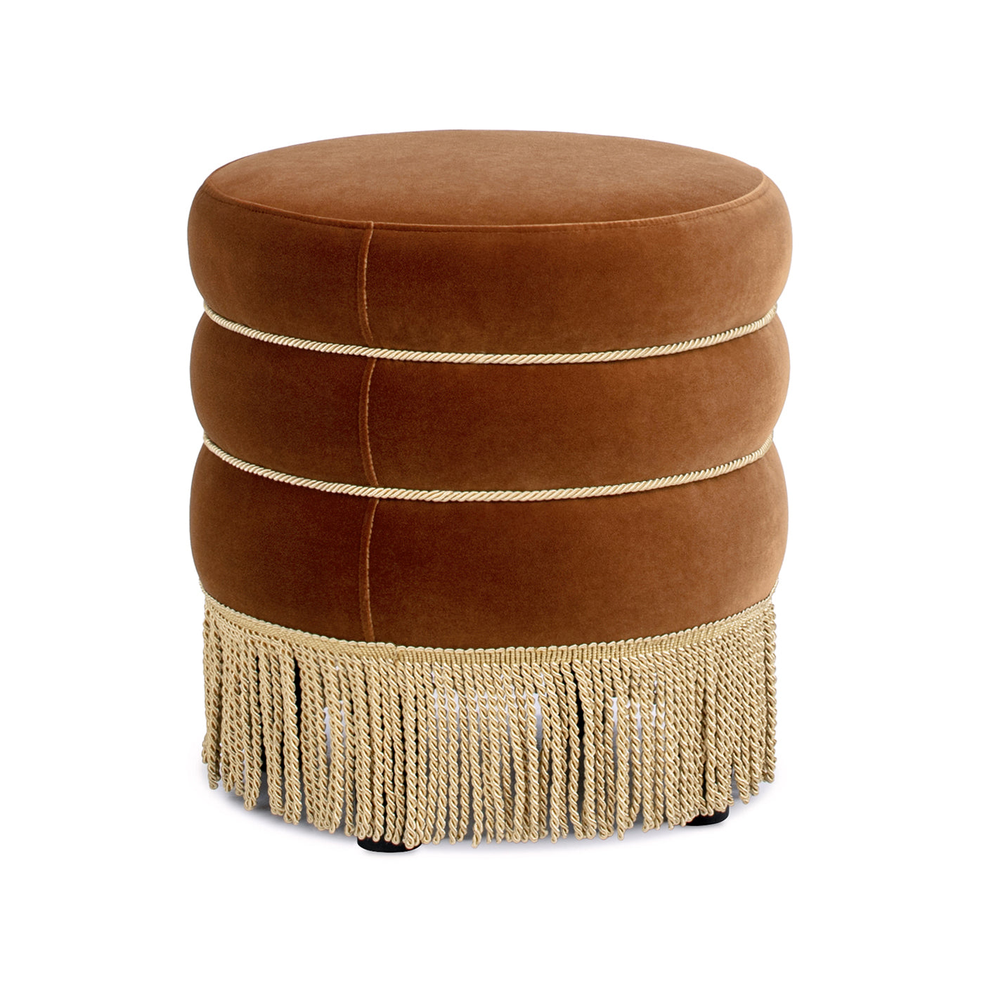 Edward 17.5" Round Upholstered Ottoman with Bullion Fringe