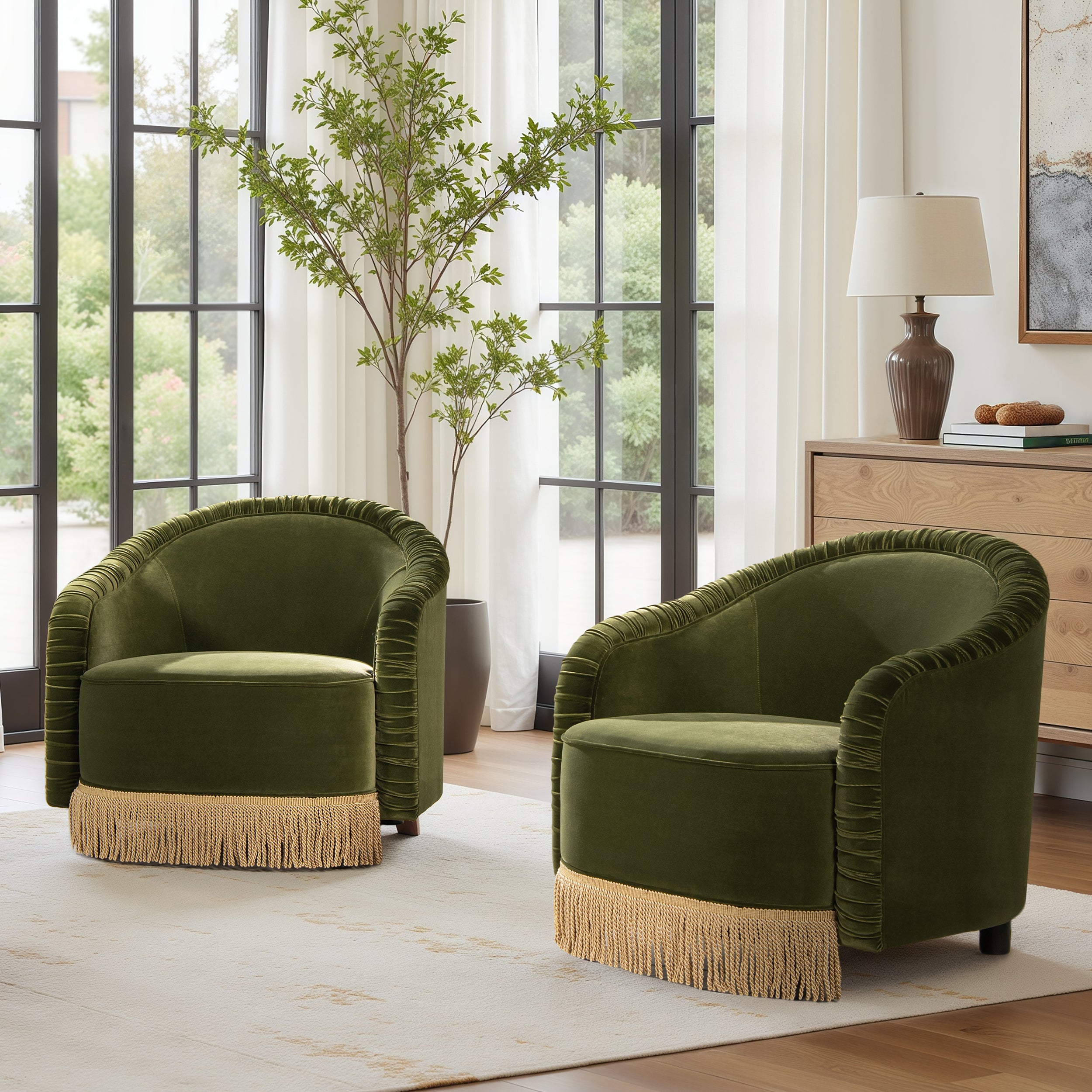 Serena 31.5" Ruched Barrel Back Accent Arm Chair with Bullion Fringe