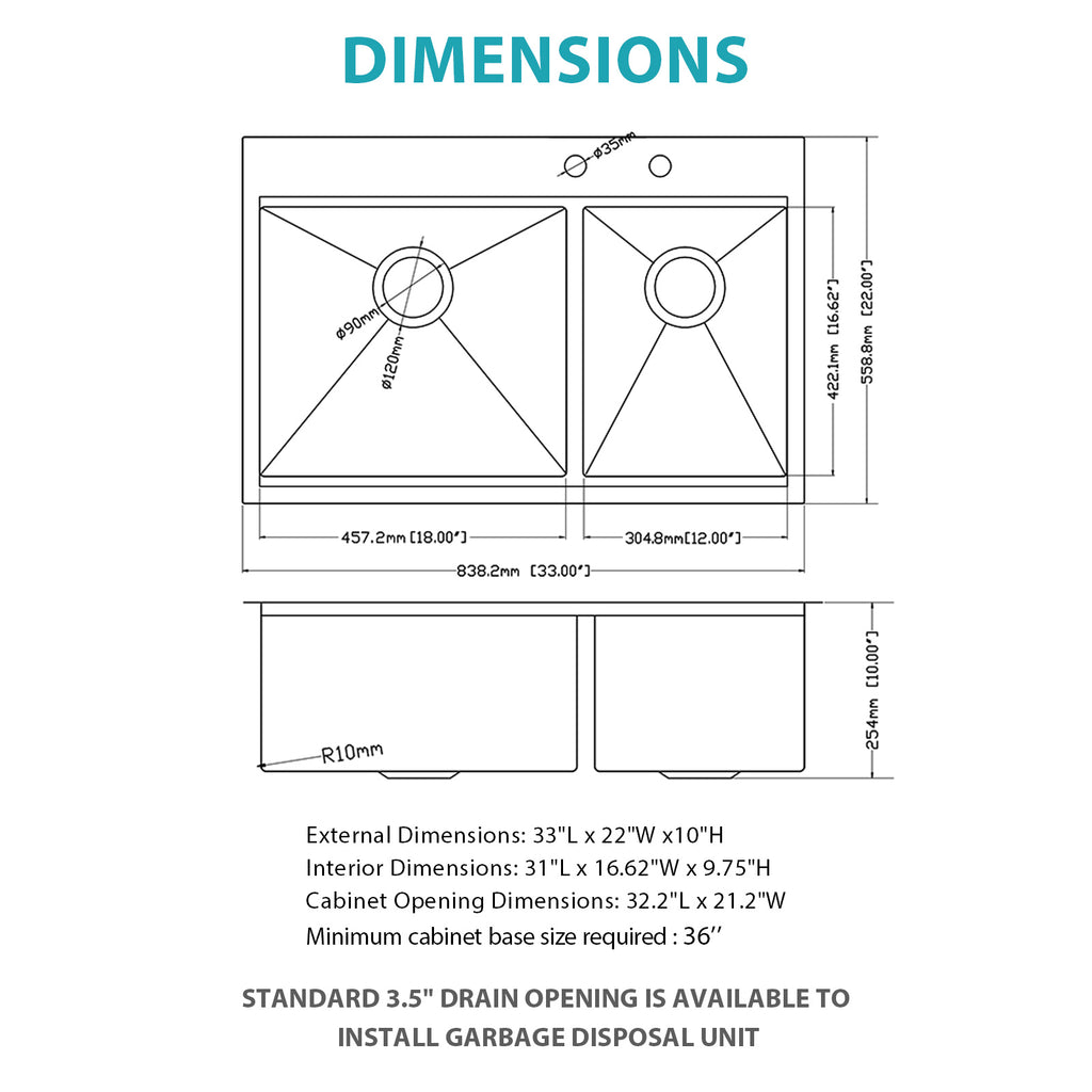 Topmount Drop In Kitchen Sink - 33" x 22" Double Bowl (60/40)