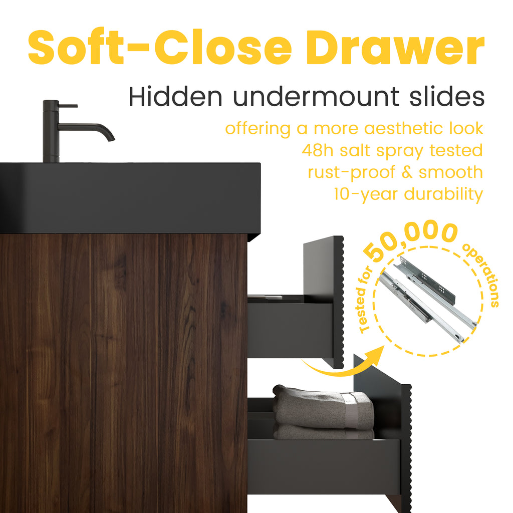 Grace 24-Inch Wall-Mounted Bathroom Vanity with Soft-Close Drawers, Black and Walnut